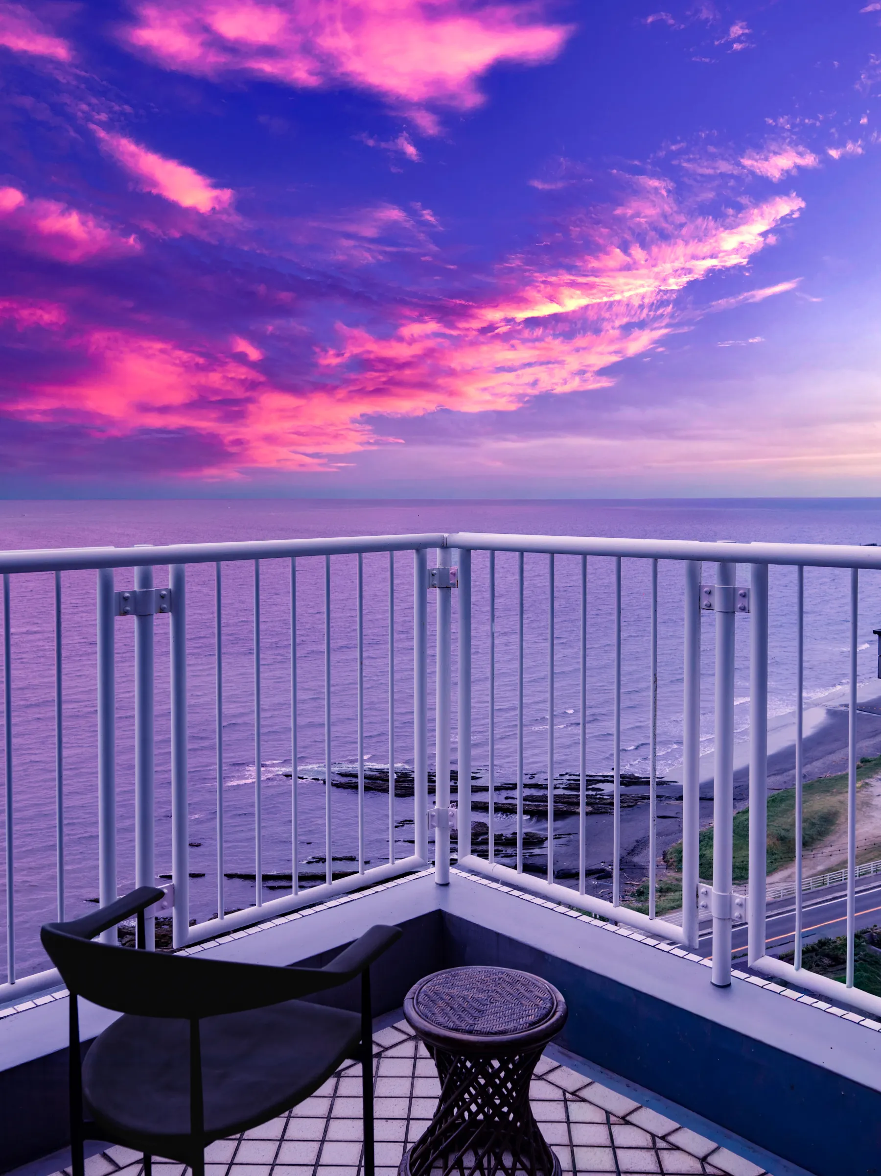 Sunset over Tateyama Bay seen from a guest room balcony