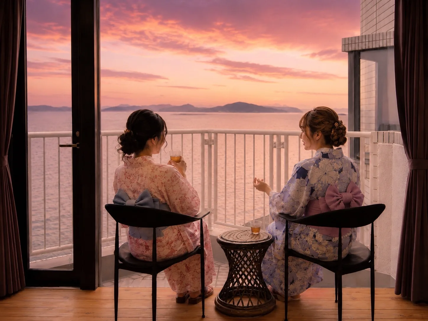 A couple in yukata watching the evening view of Tateyama Bay from a guest room balcony
