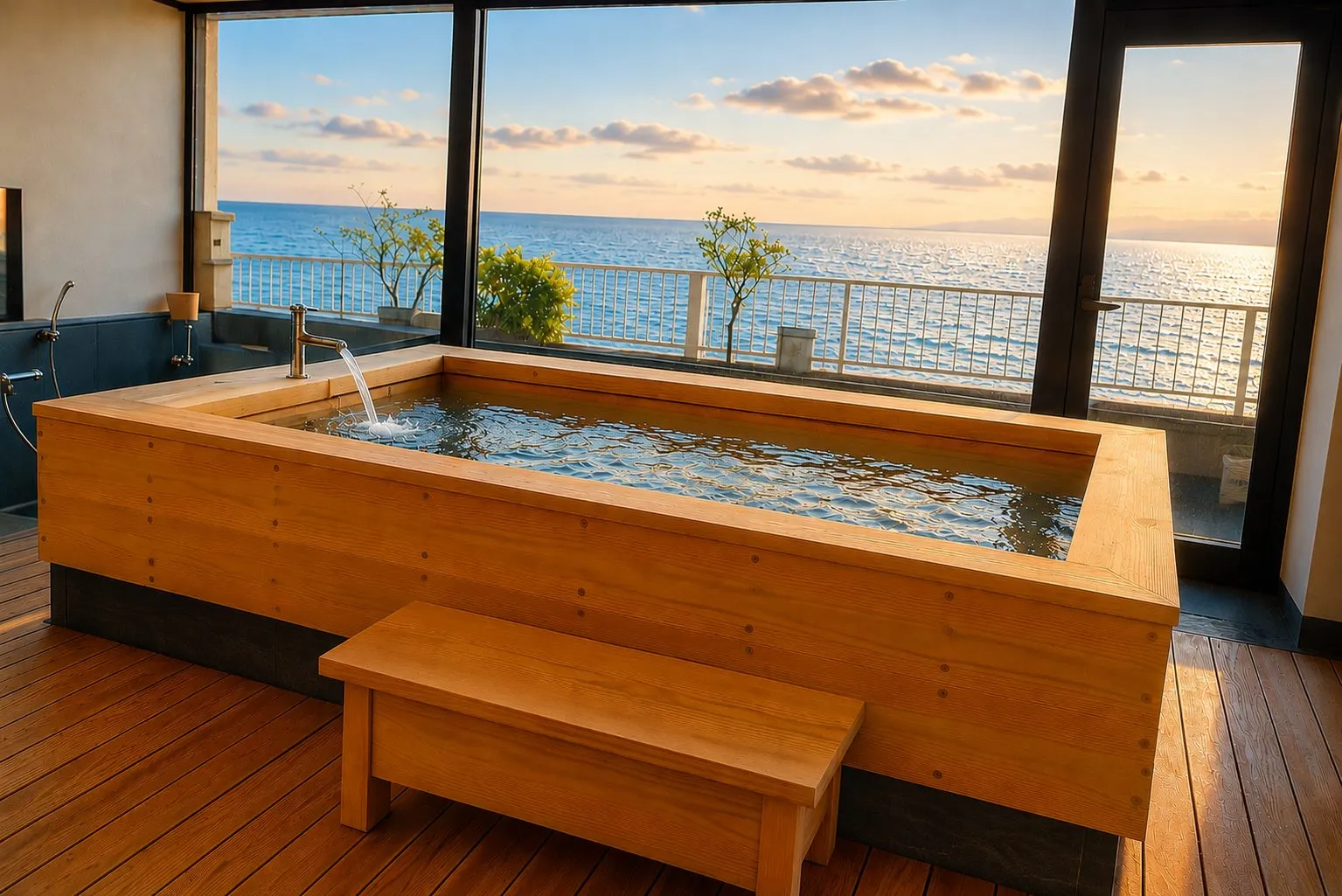 A private bath overlooking the evening view